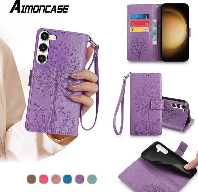 Leder Flip Phone Case für Samsung Galaxy S24 S23 S22 S21 S20 S10 S9 S8 Ultra Plus Lite mit Kartenfächern und Gurt in Blau und Lila - Bild 1