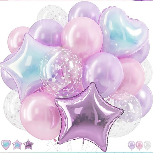 33-teiliges Ballon-Set von LQVYI in Hellrosa und Flieder mit transparenten Stern-Latexballons und herzförmigen Lavendel-Stern-Folienballons für deine Party-Dekoration - Bild 1