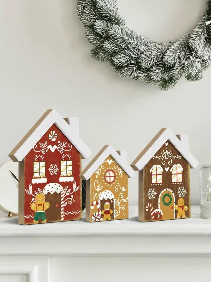 Putuo Decor Weihnachtsdekoration aus Holz mit Lebkuchenmann und Lebkuchenhaus in Multicolor, 3 Stück - Bild 2