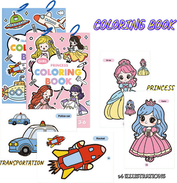 Kreatives Malbuch mit 14 Illustrationen zu den Themen Prinzessinnen und Transport, pink, mit abnehmbarem Loseblatt-Ring - Bild 1