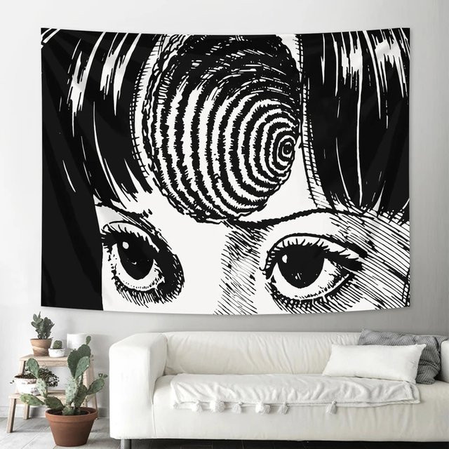 VIKAMA Junji Ito Uzumaki Wandteppich in Schwarz-Weiß, Horror Manga Wandbehang für dein Schlafzimmer oder Wohnzimmer, Ästhetisches Anime Wanddekor, B: 75 cm, H: 58 cm - Bild 1