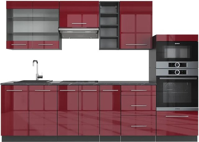 Vicco Fame-Line Küchenschrank Set in Bordeaux Hochglanz und Anthrazit mit Soft-Close-Türen, Breite: 280 cm - Bild 1