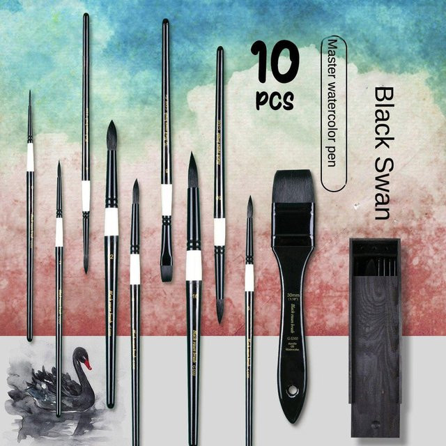 Black Swan Aquarell-Pinsel Set aus grauen Mäusehaaren mit spitzem Zeichenlinienstift in Schwarz und Grau - Bild 1