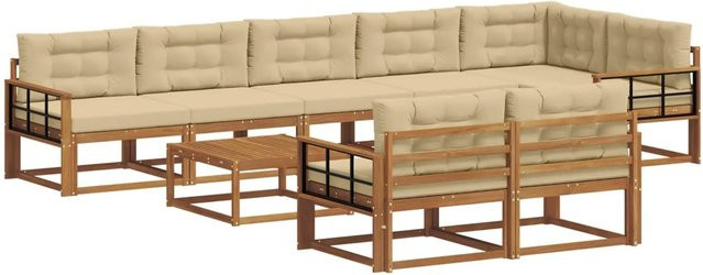 vidaXL Outdoor-Sofagarnitur aus Akazienholz in L-Form mit 9-teiligem Set, Farbe Natur und Beige - Bild 1