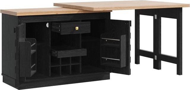 Merax Kücheninsel mit 360 Grad drehbarer Arbeitsplatte, Seitenschrank mit Patchwork-Türen, Weinregal und Schubladen, Schwarz-Weiß, erweiterbar von 120 cm bis 197 cm - Bild 1