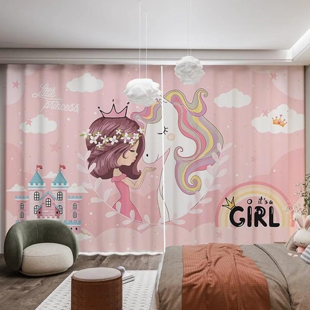 Yiran Furniture Vorhänge für Kinder mit Einhorn und Regenbogen Motiv, 2er Set, Rosa/Mehrfarbig, B/H: 50 x 100 cm - Bild 1
