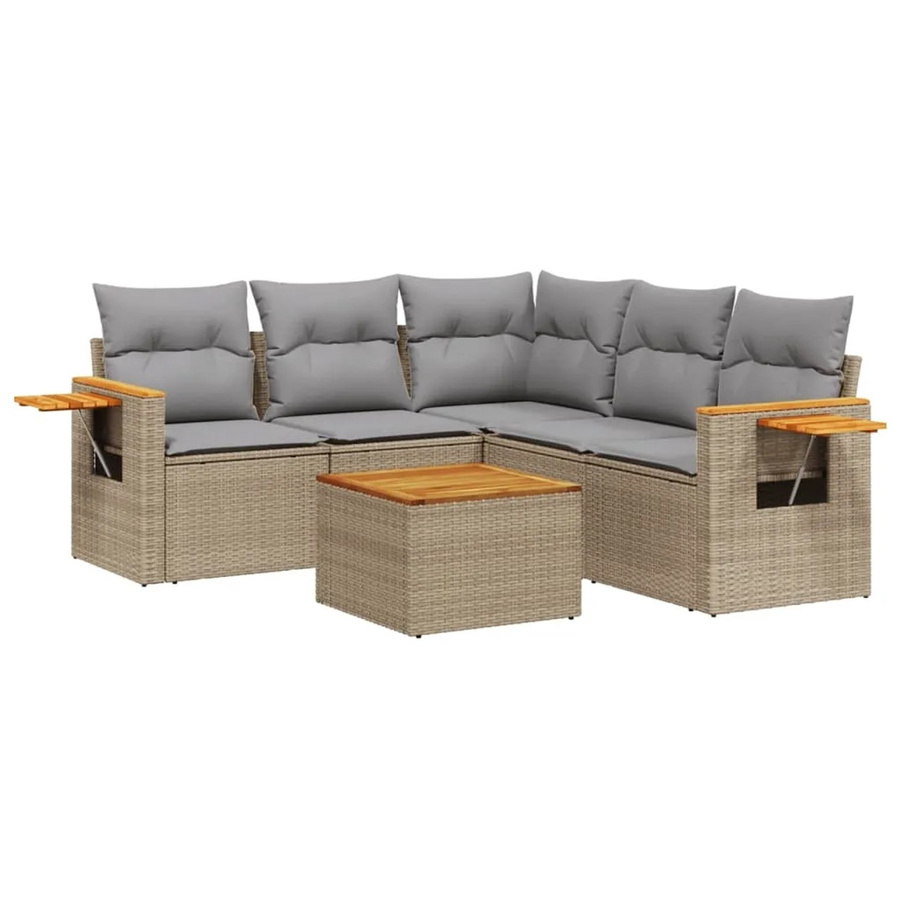 vidaXL 6-teilige Garten-Sofagarnitur in L-Form aus Poly-Rattan und Akazienholz mit Kissen in Beige - Bild 2