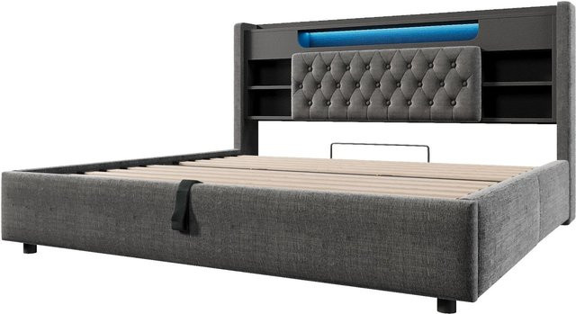 Merax Polsterbett mit Stauraum und LED-Beleuchtung in Grau, B/T/H: 223 x 180 x 115 cm - Bild 1