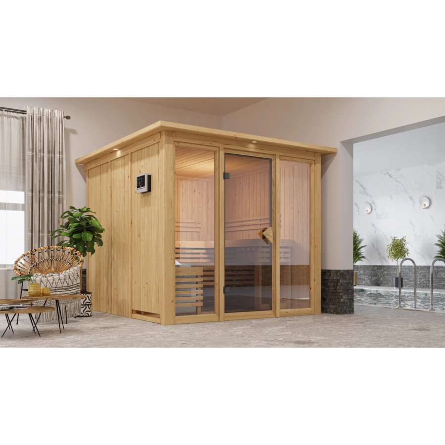 Karibu Sauna Svava mit Glasfront, Kranz Set in Natur und 9 kW Ofen mit externer Steuerung, Braun - Bild 2
