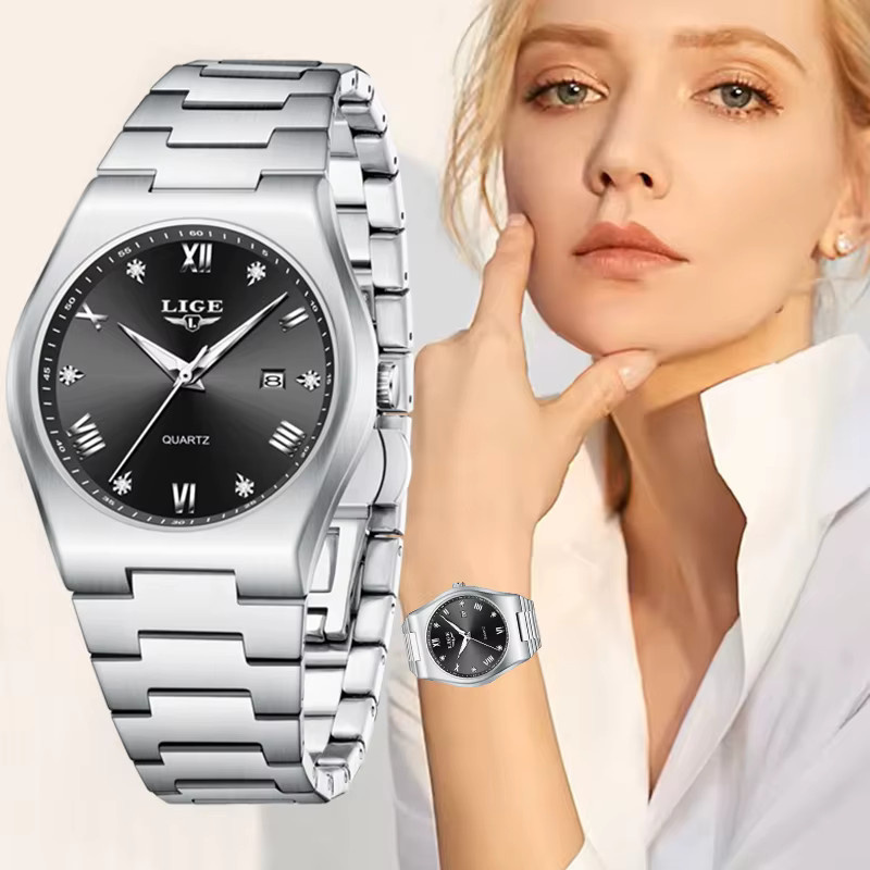 LIGE Armbanduhr Chronograph, Quarz, Edelstahl, Schwarz, orange, Damen - Bild 5