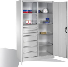C+P Werkzeugschrank aus Stahl mit Drehtüren, 6 Böden und 8 Schubladen, Lichtgrau, H: 195 cm, B: 120 cm, T: 50 cm - Bild 1
