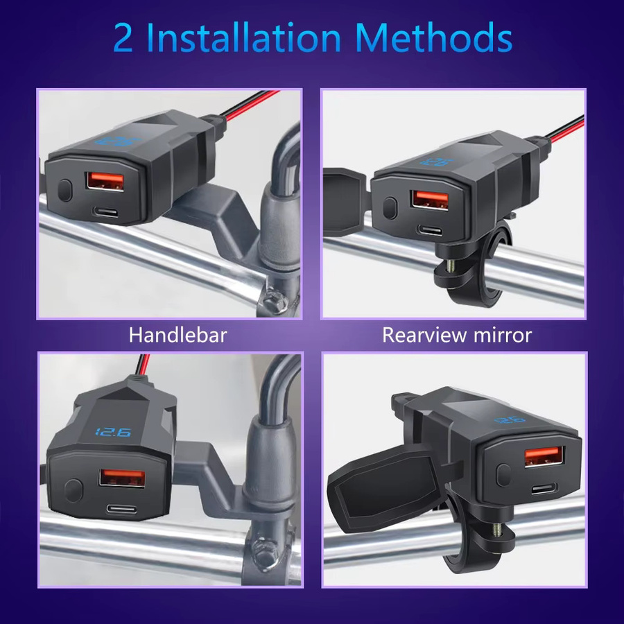 Motorrad USB Ladegerät mit Voltmeter und PD QC3.0 Schnellladefunktion, Dual USB Buchse mit USB-C, wasserdicht, Schwarz, 12V Adapter für den Lenker - Bild 6