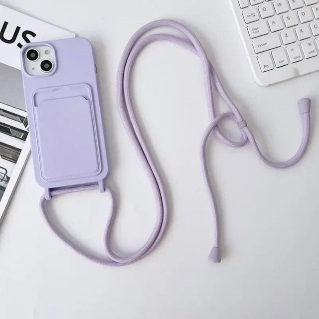 Silikon Crossbody Lanyard Handyhülle mit Kartensteckplatz für Apple iPhone 16 15 14 13 12 11 Pro Max Plus in Violett - Bild 1
