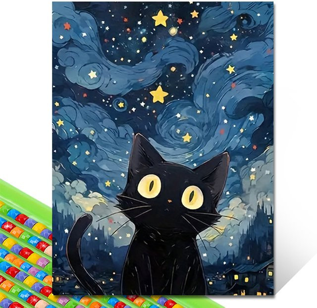 QIZITENG 5D DIY Diamantmalerei Kit Sternenhimmel Katze in Blau, Cartoon Astral Katze Kreuzstich Set zur Wanddekoration - Bild 1