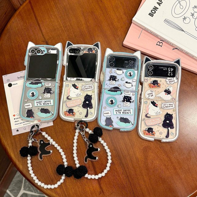 JINHR Handyhülle mit süßem Katzenohren-Cartoon Design für Samsung Galaxy Z Flip6, Z Flip5, Z Flip4 und Z Flip3 in Schwarz inklusive Lanyard - Bild 1