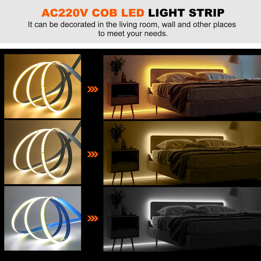 KISUFU COB-LED-Streifenlicht 220 V mit 240 LEDs/m, hochhelles lineares Licht mit RA90 und selbstklebendem IC-Klebeband, 8 mm PCB Breite - Bild 3