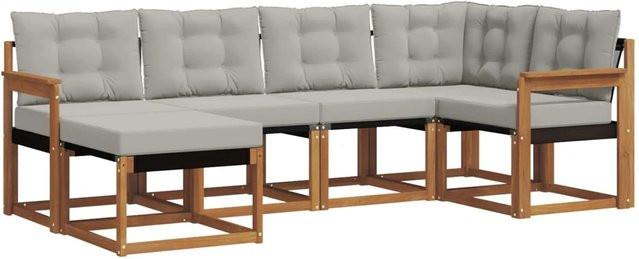 vidaXL Outdoor-Sofagarnitur 6-teilig L-Form aus Akazienholz und Textilene in Natur und Grau mit Kissen - Bild 1