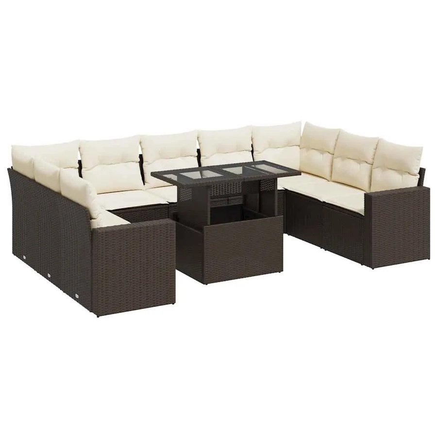 vidaXL 10-teilige Garten-Sofagarnitur aus Poly-Rattan in Braun mit cremeweißen Kissen - Bild 2