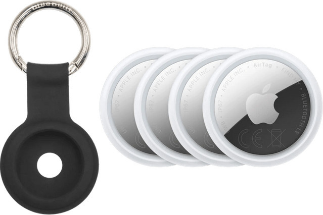 Apple AirTag 4er-Pack mit BlueBuilt Apple AirTag Schlüsselanhänger in Schwarz, Weiß und Blau - Bild 1