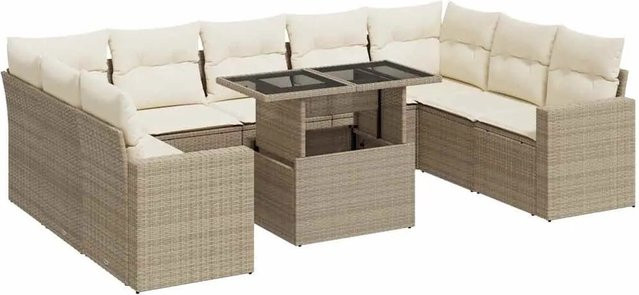 vidaXL 10-tlg. Garten-Sofagarnitur aus Poly-Rattan in Beige mit Kissen und Couchtisch - Bild 1