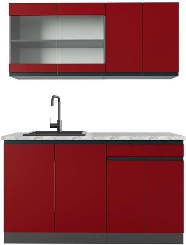 Vicco Singleküche R-Line Küchenzeile in Rot und Anthrazit mit Marmor-Optik, Breite: 140 cm - Bild 1