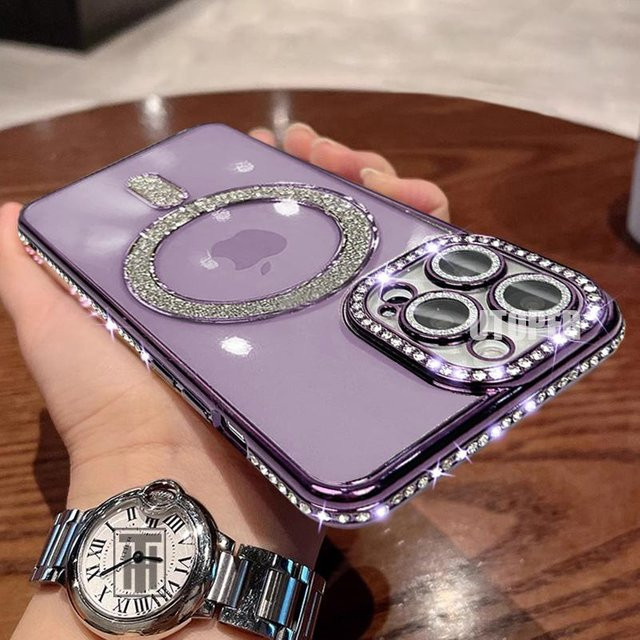 Luxus Magnetische Schutzhülle für Apple iPhone 15 14 13 12 11 Pro Max Plus mit Pink Plattierung und Diamant-Design in Transparent/Pink/Purple mit MagSafe Unterstützung - Bild 1