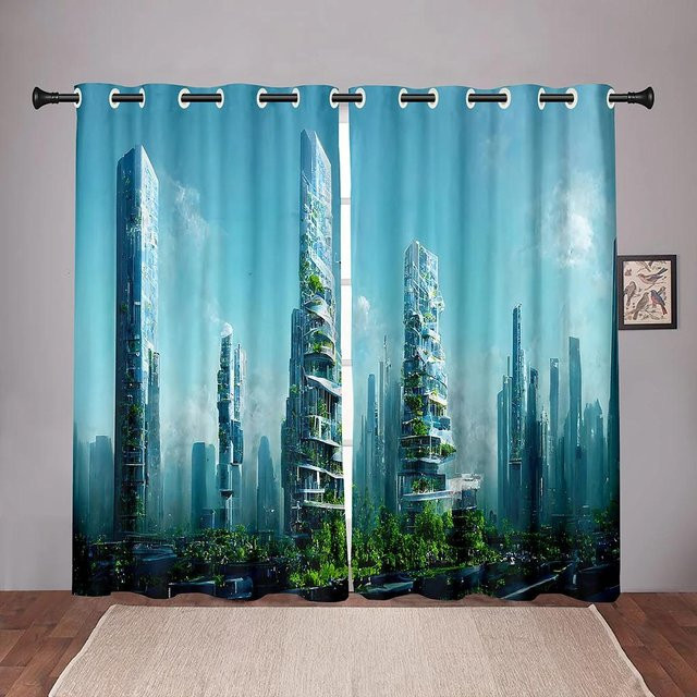 Verdunkelungsvorhang Cyberpunk Stadt Himmel von Yiran Furniture, Blau, B: 139,7 cm x H: 120 cm - Bild 1