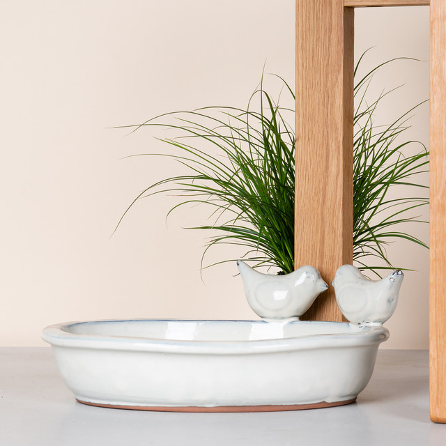 Keramik Vogeltrank Schale von Green Living in Creme - Bild 1