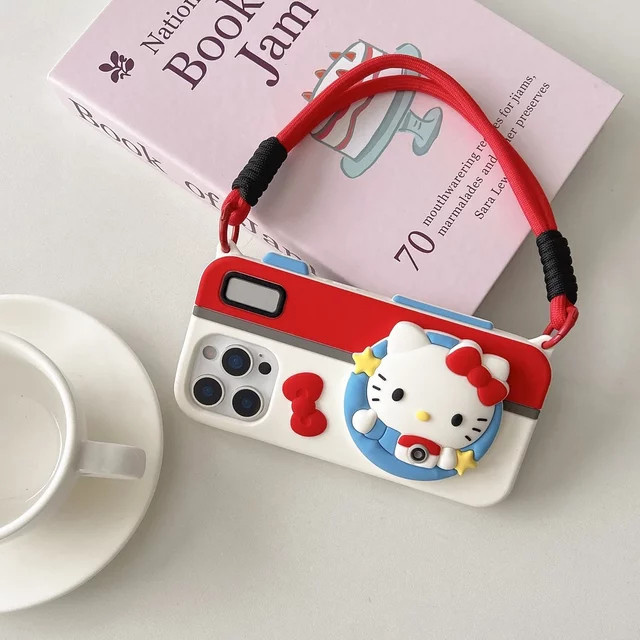 Sanrio Hello Kitty Handyhülle mit Kamera-Lanyard aus weichem Silikon für iPhone 16, 15, 14, 13 Pro Max, 3D-Design, Mehrfarbig - Bild 1