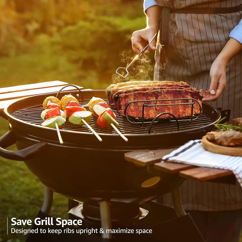 LMETJMA BBQ-Rippenständer aus emailliertem Stahl für Gasgrills, Schwarz/Silber, B/T/H: 31,3 x 25,3 x 7,3 cm - Bild 2