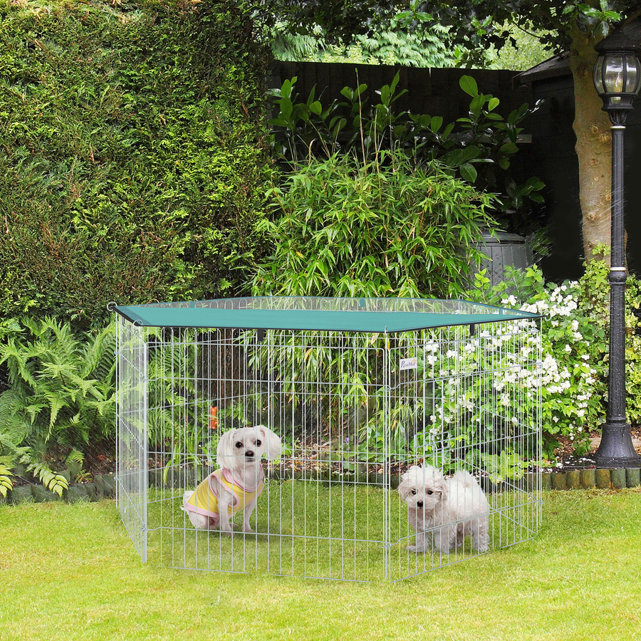 PawHut Modulares Auslaufgehege aus Stahl mit 6 Paneelen und 1 Tür für Hunde, Kaninchen und Nager, Grau und Grün, Durchmesser: 120 cm, Höhe: 60 cm, Aosom - Bild 2