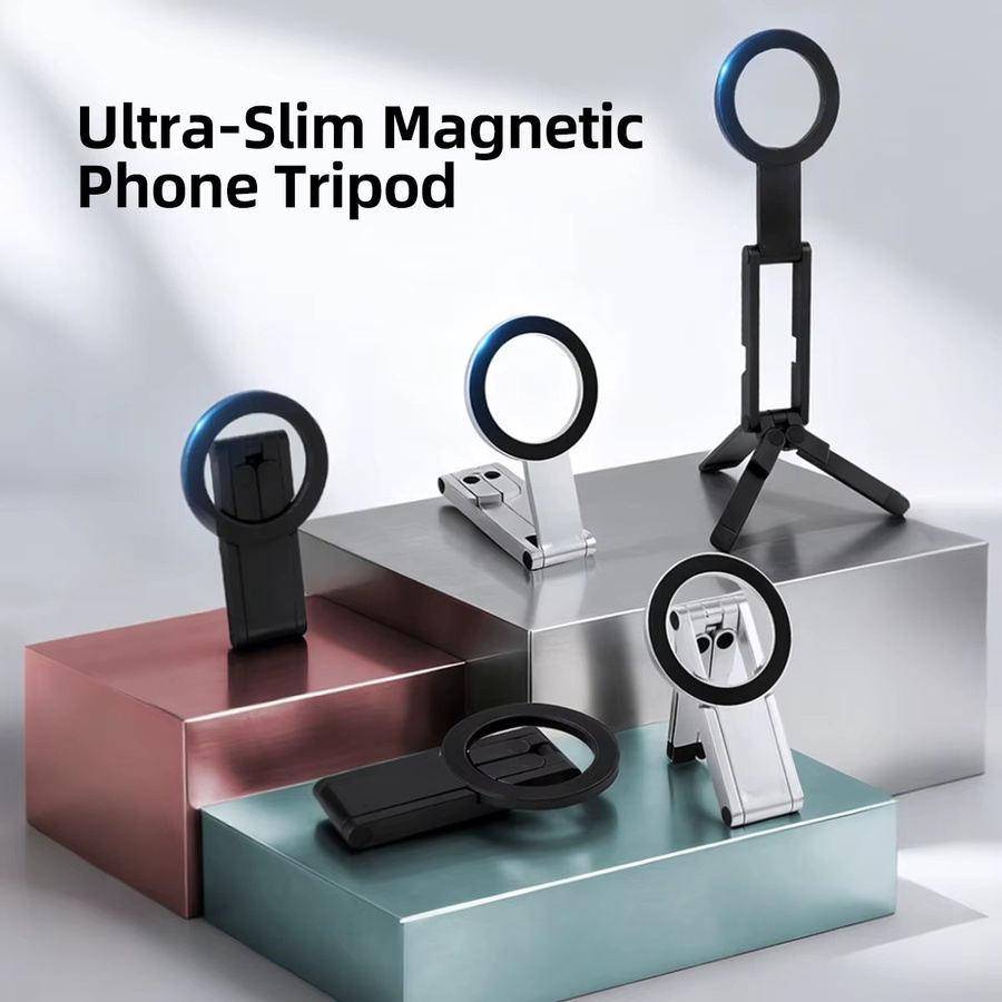 FONKEN Faltbares Handy-Stativ mit Karabiner, tragbares doppelseitiges magnetisches Stativ mit Tischhalterung und Handygriff in Schwarz - Bild 3