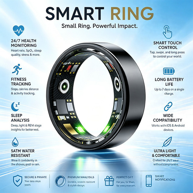 Ola Esporte Smartring in Schwarz mit Blutdruck- und Sauerstoffmessung, GPS-Tracking und 5ATM Wasserdichtigkeit für Damen und Herren - Bild 1