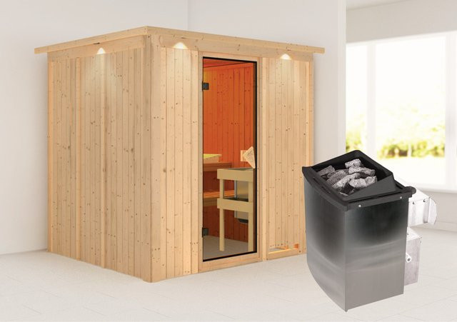 Karibu Sauna-Set Stina aus nordischer Fichte mit 9 kW Ofen, integrierter Steuerung und Dachkranz in Braun mit Ganzglastür Bronze, B: 196 cm, T: 202 cm, H: 184 cm - Bild 1