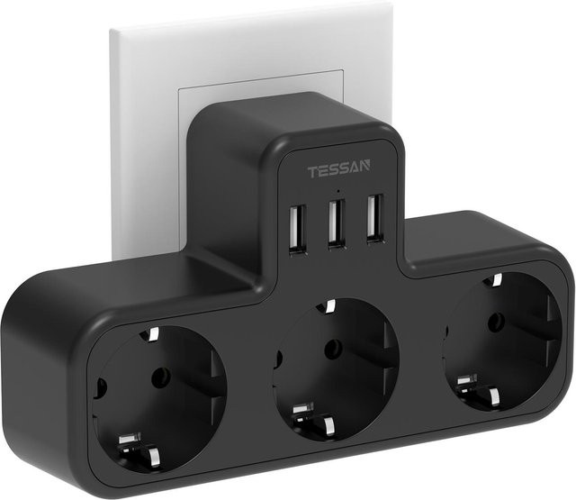 TESSAN Mehrfachsteckdose 6-in-1 mit 3 AC-Steckdosen und 3 USB-Anschlüssen in Schwarz mit Überlastungsschutz - Bild 1