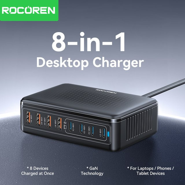 Rocoren 200W USB-C GaN-Ladegerät mit 8 Anschlüssen, USB-C PD3.1 Schnellladestation in Schwarz - Bild 1