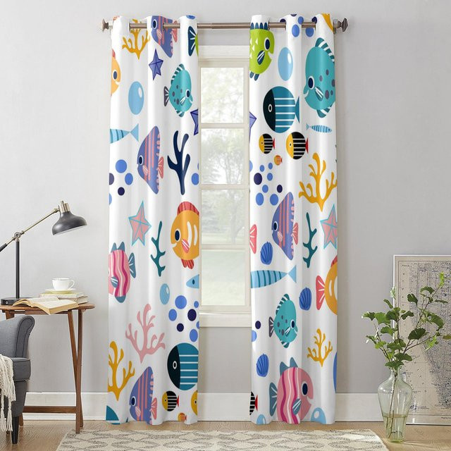 Binchi Outdoor Equipment Fenstervorhang mit Cartoon Tier- und Meeresmotiv, halbtransparent, Mehrfarbig, B: 135 cm, H: 245 cm - Bild 1