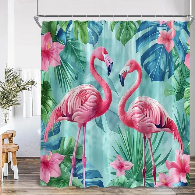 Baifenbai Home Furnishing Duschvorhang Flamingo mit tropischen Blättern in Rosa, B: 120 cm, H: 180 cm - Bild 1