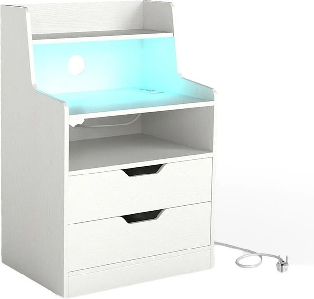 Costway Nachttisch mit LED-Lichtern und Ladestation in Weiß mit 2 Schubladen - Bild 1