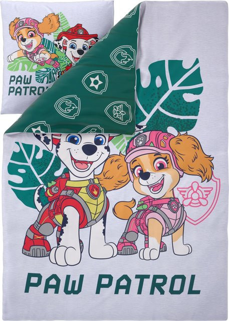 Kinder-Wendebettwäsche Paw Patrol aus Mikrofaser in Grün/Grau, Bettbezug 135 x 200 cm und Kissenbezug 80 x 80 cm - Bild 1