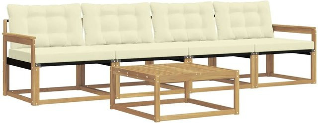 vidaXL Outdoor-Sofagarnitur aus Akazienholz mit Textilene-Bezug und Polstern, 5-teilig, Weiß und Beige, B/T/H: 79 x 79 x 37 cm - Bild 1