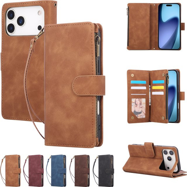 Aierkeba Leder-Wallet mit Reißverschluss und Kickstand als Karten- und Handyhülle für iPhone Modelle in Braun - Bild 1