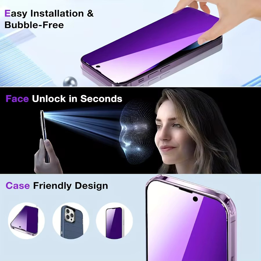 5 Stück Blaulicht-Displayschutzfolien aus gehärtetem Glas für iPhone 17 Pro/Pro Max/Air, 16, 15, 14, 13, 12, 11 in Transparent und Purple - Bild 2