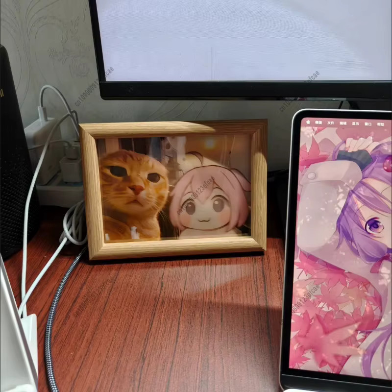 DORO Bilderrahmen mit lustiger Katze aus Kunstharz, kreative Anime-Schreibtischdekoration, rechteckiges Ornament für Zuhause und Büro, B/H: 20,32 x 20,32 cm - Bild 3