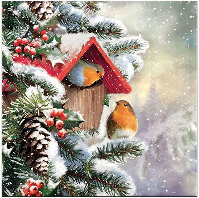 Serviette Rotkehlchen Winterhaus aus Papier für dein Weihnachtsambiente, 33 cm - Bild 1