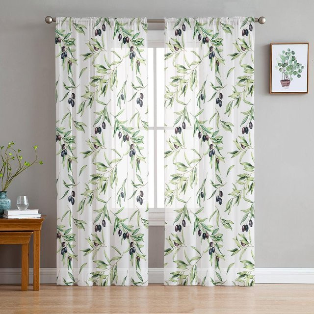 A Family Of Home Textiles Transparentes Tüll Fenster Vorhang mit Aquarell Olivenblatt Textur in Weiß, Breite: 135 cm, Höhe: 137 cm - Bild 1