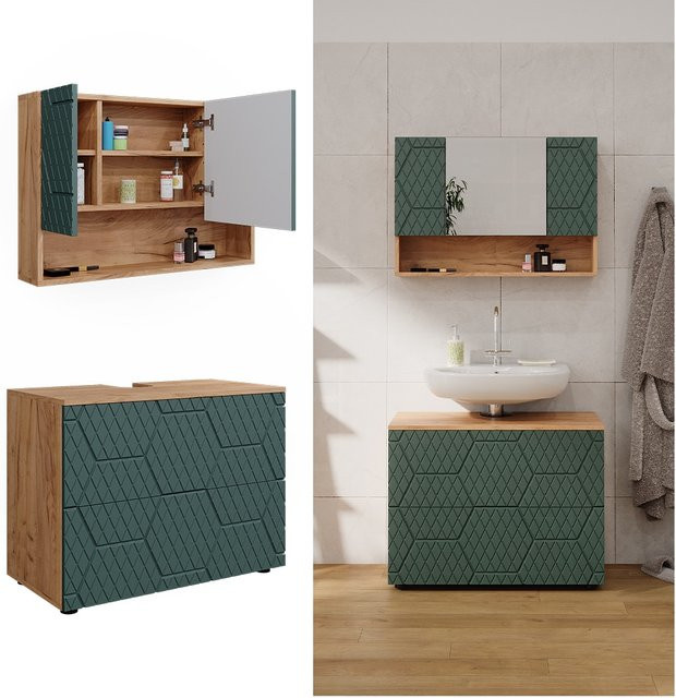 Vicco Badmöbel-Set Irma Eiche Grün Gold 2-teilig mit Spiegelschrank und Waschbeckenschrank Breite: 80 cm - Bild 1