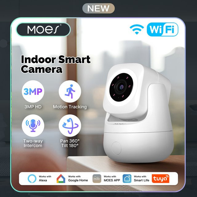 MOES 3MP HD Indoor-Überwachungskamera mit 360 Grad Panoramablick in Weiß, Tuya-App-Steuerung, kompatibel mit Alexa und Google Home, ideal als Baby- und Haustierüberwachung - Bild 1