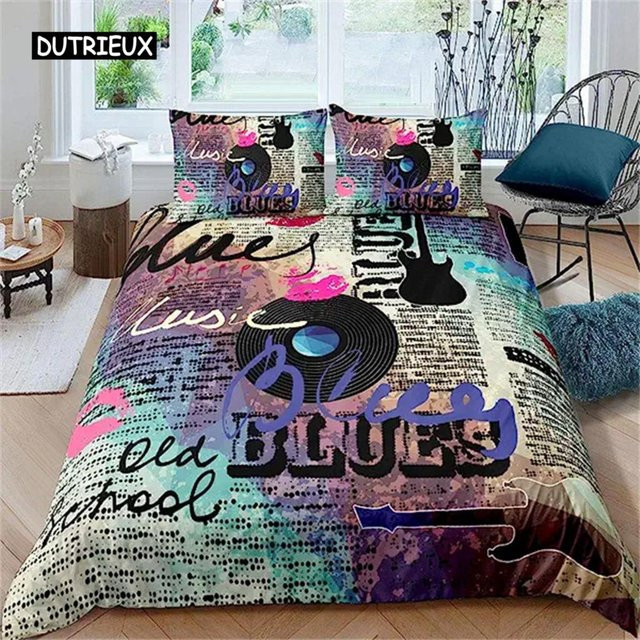 Bettwäsche-Set Vintage Blues mit Gitarren und Schallplatten von Binchi Outdoor Product, Mehrfarbig, B/H: 140 x 210 cm - Bild 1