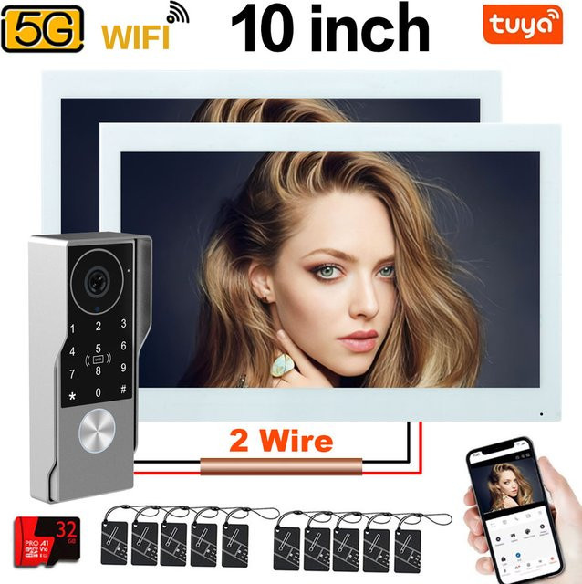 AJXML 2-Draht Video-Türsprechanlage mit 2 Monitoren, 7/10 Zoll, 1080P Smart Video-Gegensprechanlage mit TUYA App, IC-Karten- und PIN-Entsperrung - Bild 1